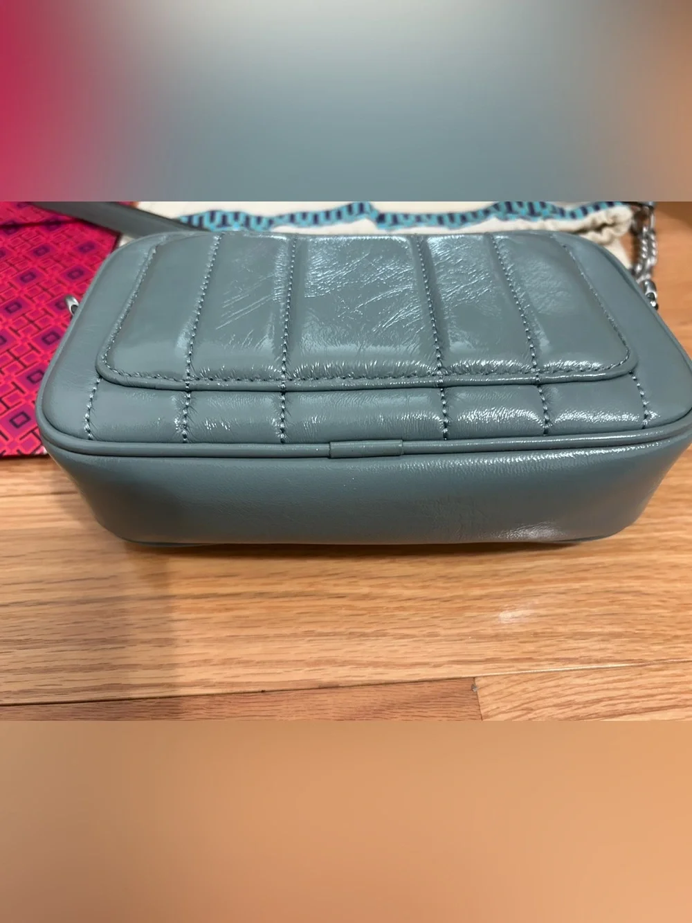 Tory Burch Small Kira Patent leather Camera Bag in Light Arctic (ice blue)